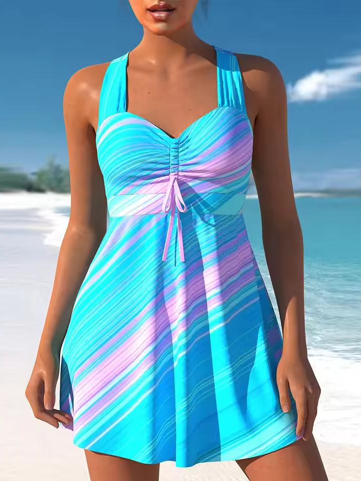 Printed Tankini With Skirt And Front Tie