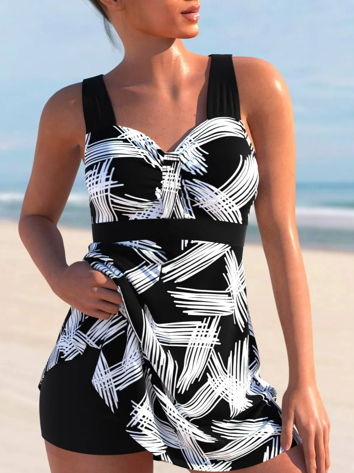Printed Tankini With Skirt And Front Tie