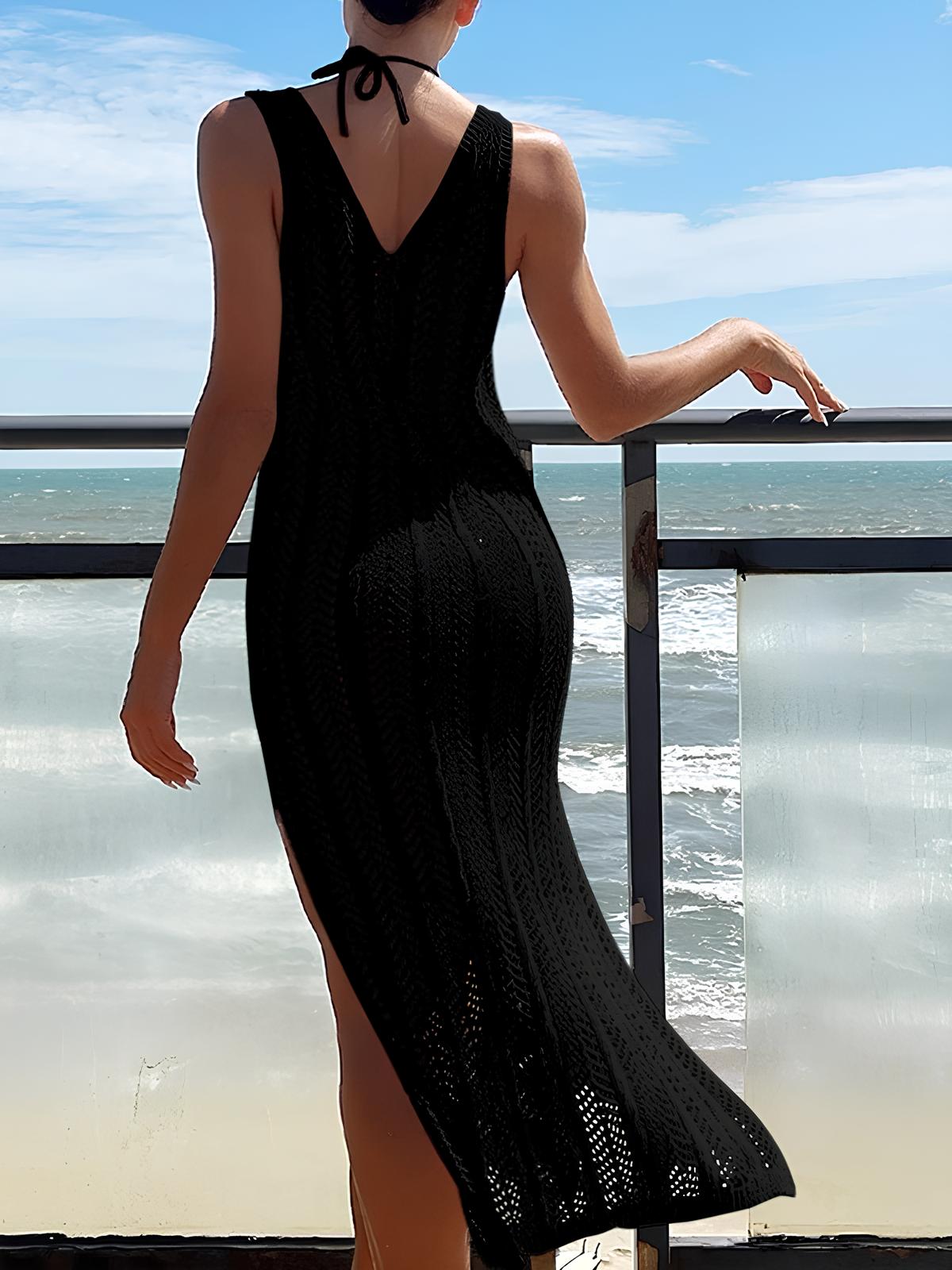 Long Knit Cover-Up With Slit And V-Neckline