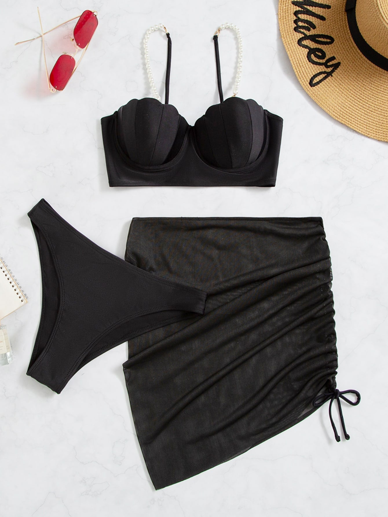 Structured Bikini And Solid Draped Skirt Set