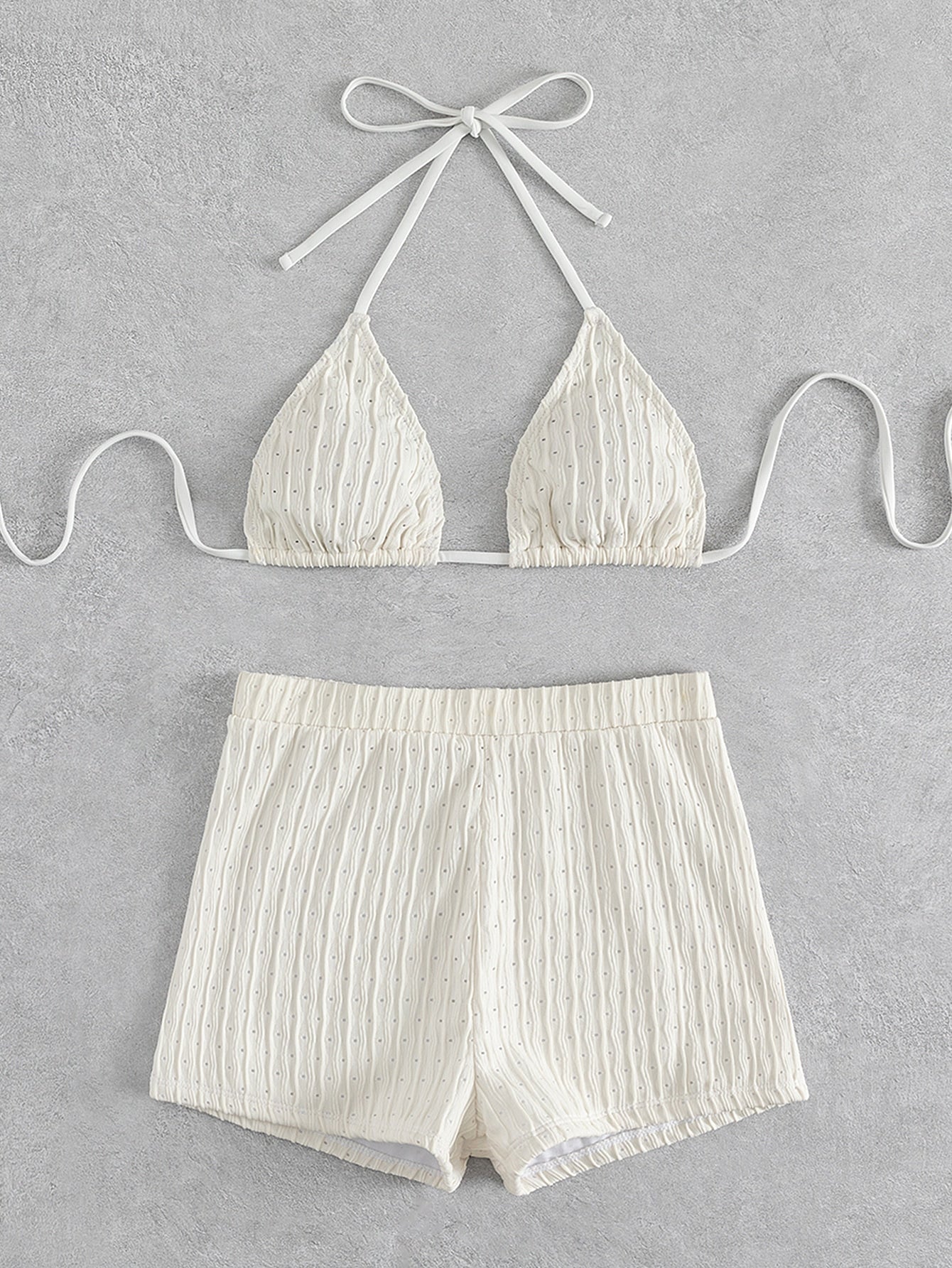 Textured Bikini With Shorts And Triangle Top