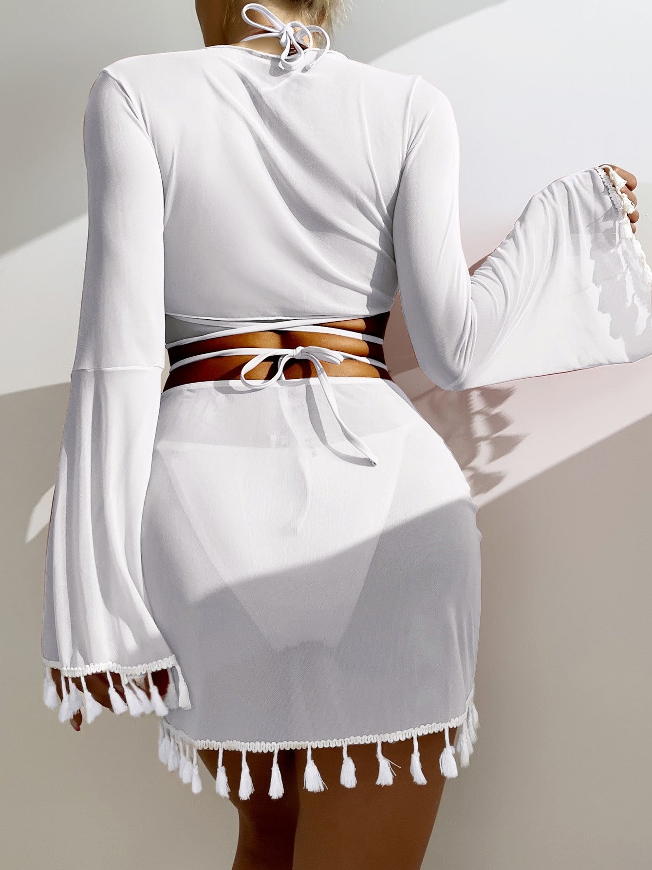 Bikini And Cover-Up Set With Tie And Fringe Details