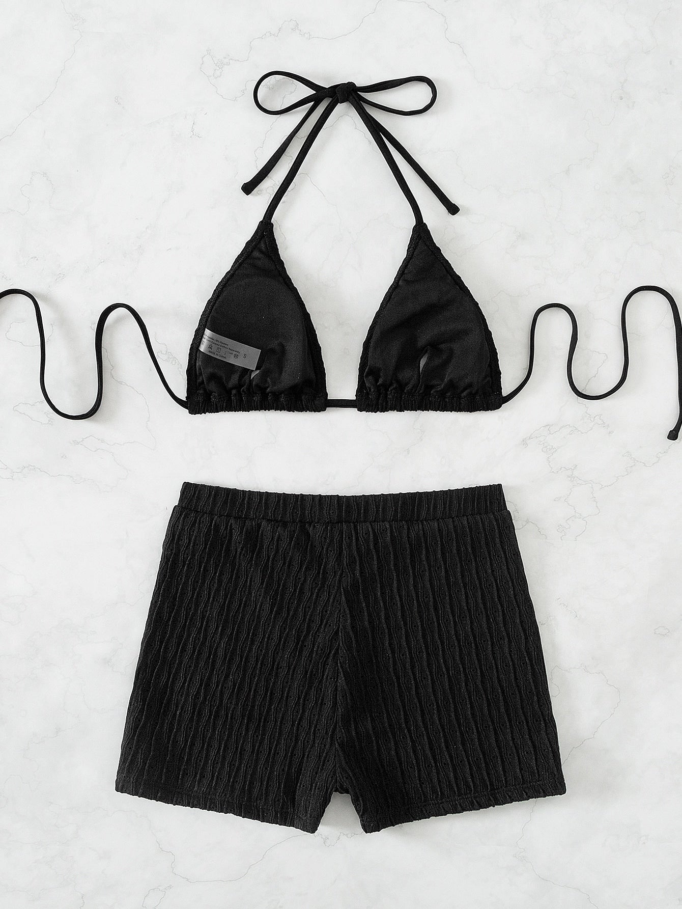 Textured Bikini With Shorts And Triangle Top