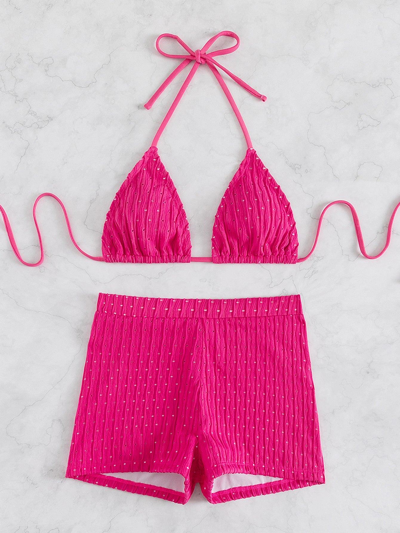 Textured Bikini With Shorts And Triangle Top