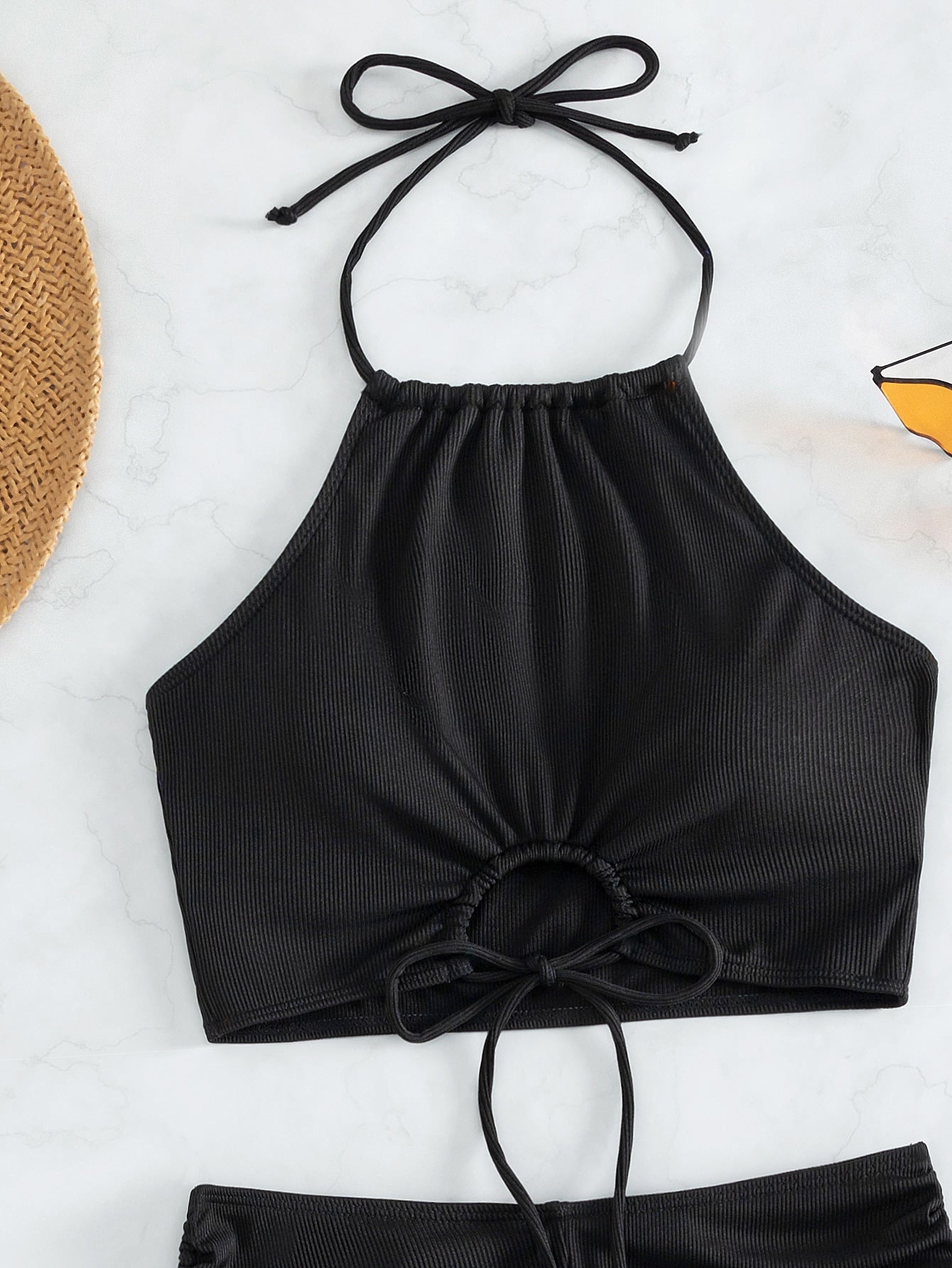 Textured Shorts Bikini With Halter Top And Tie