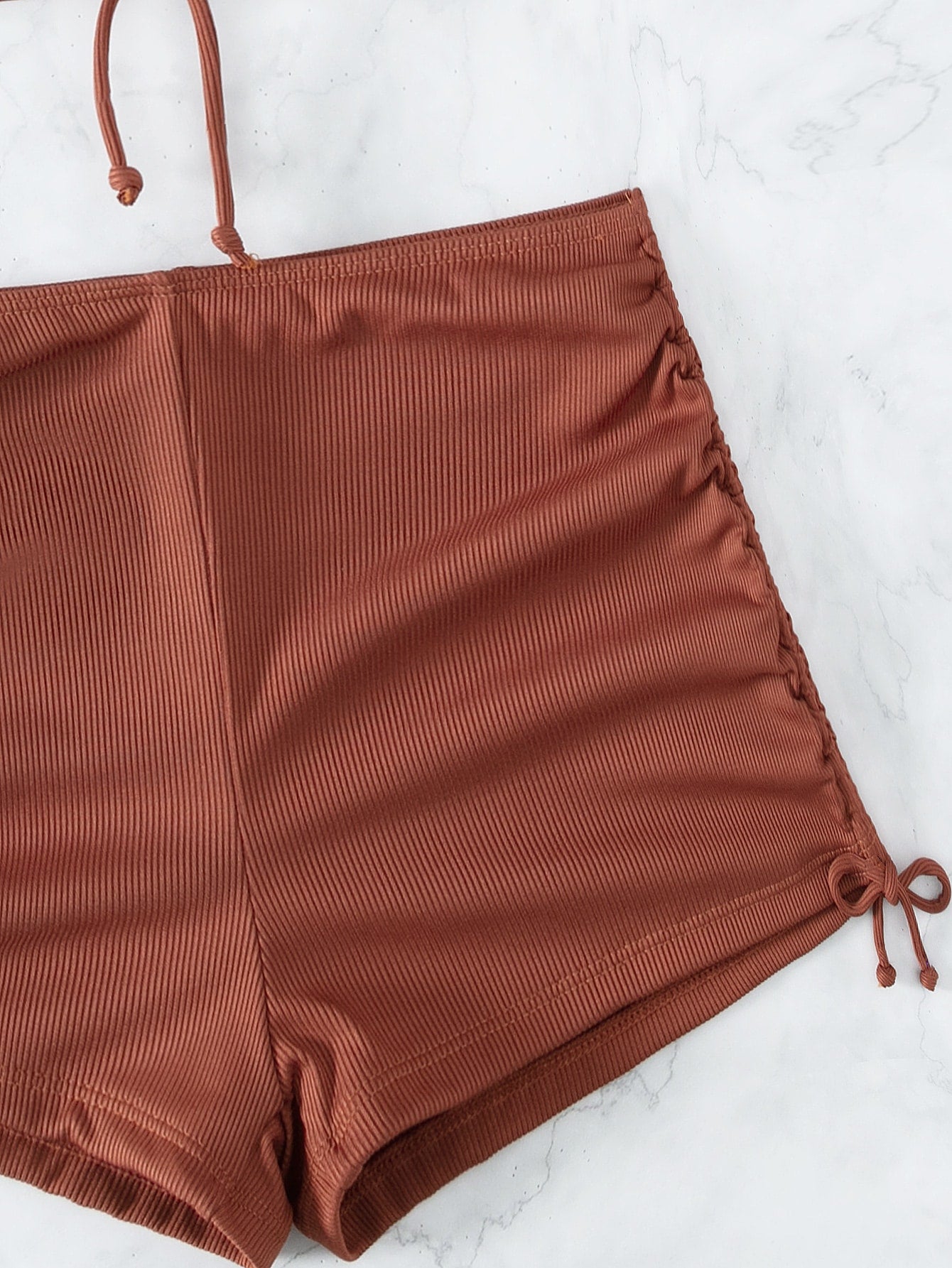 Textured Shorts Bikini With Halter Top And Tie