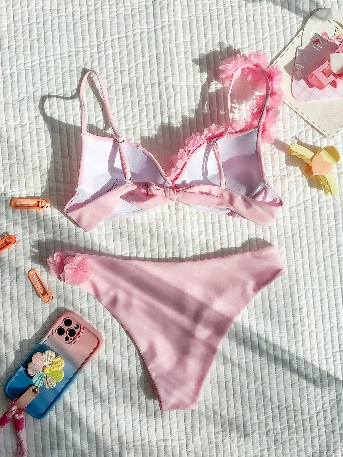 Bikini With Flower Appliqué And Asymmetric Strap