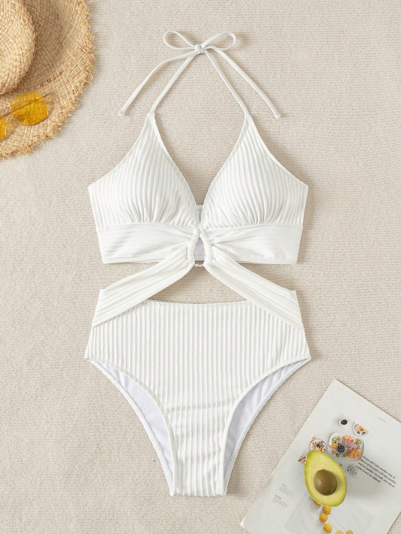 Textured Swimsuit With Side Cutouts And Front Ring