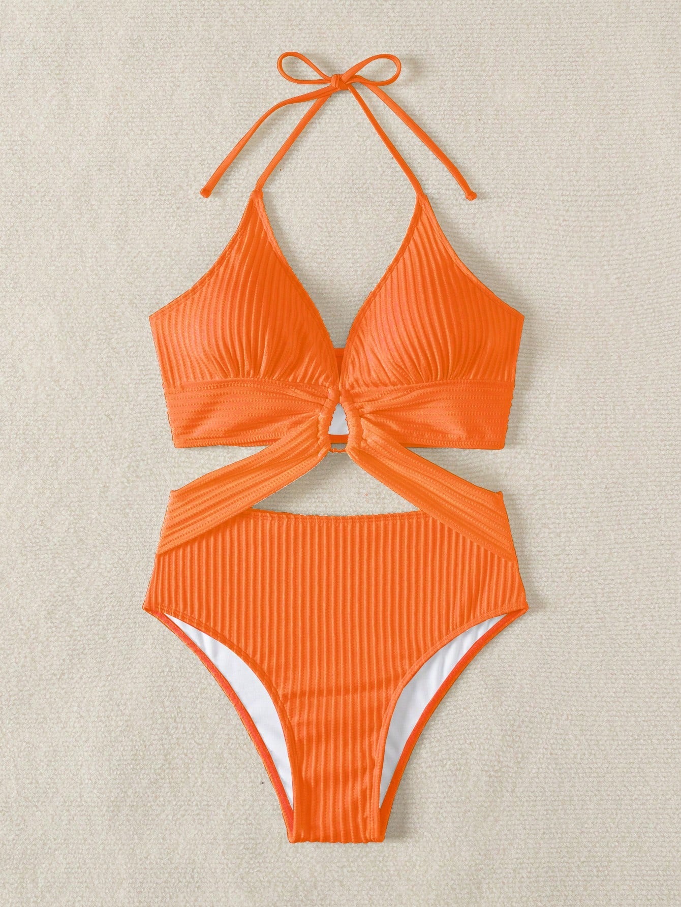 Textured Swimsuit With Side Cutouts And Front Ring
