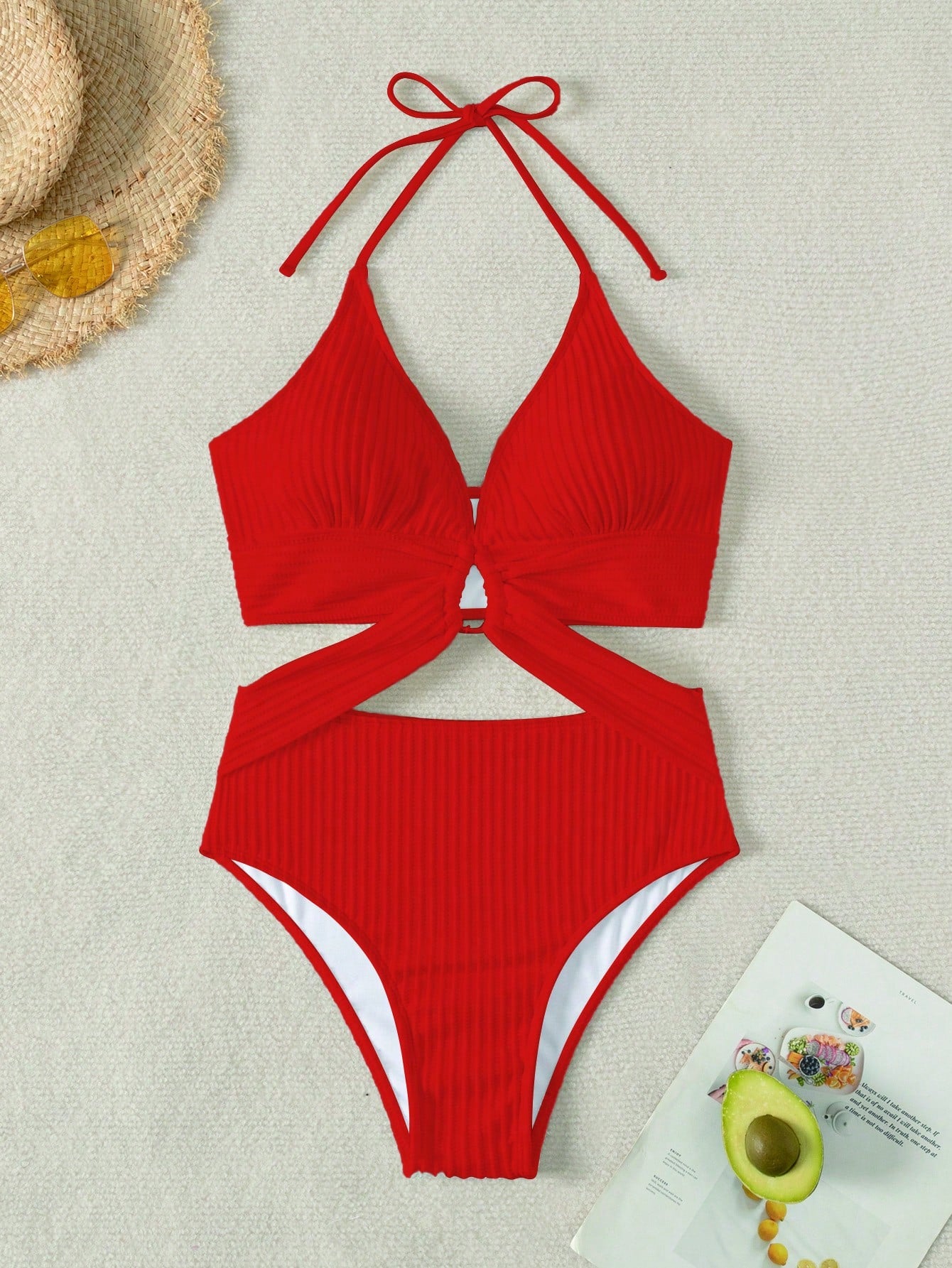 Textured Swimsuit With Side Cutouts And Front Ring