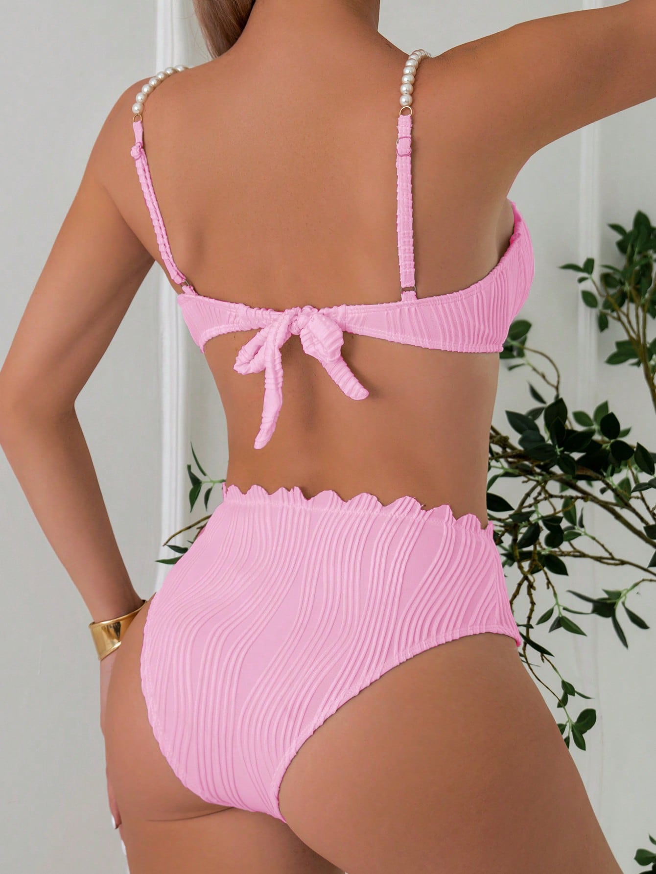 High-Waisted Textured Bikini With Pearl Strap