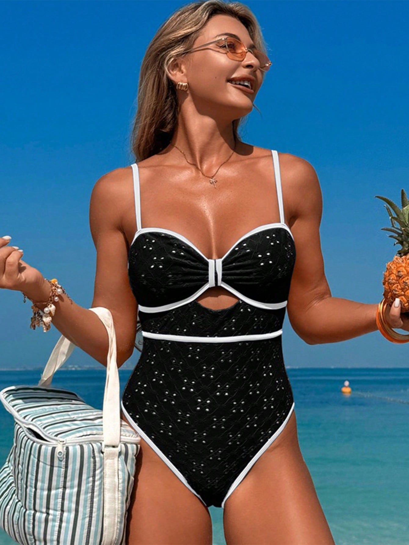 Textured Swimsuit With Front Cutout And Contrasting Details
