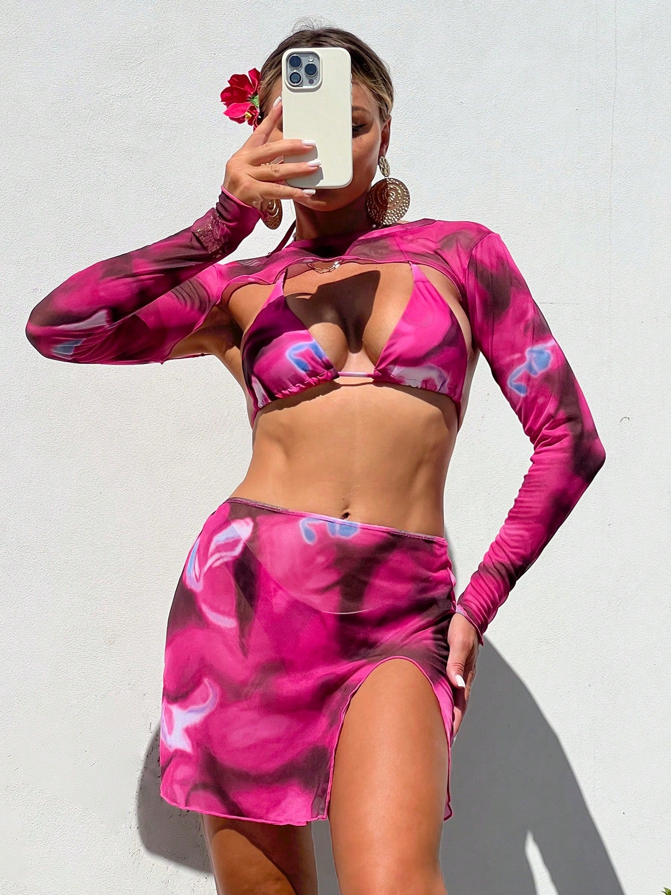 Bikini Cropped Top And Printed Skirt With Slit Set