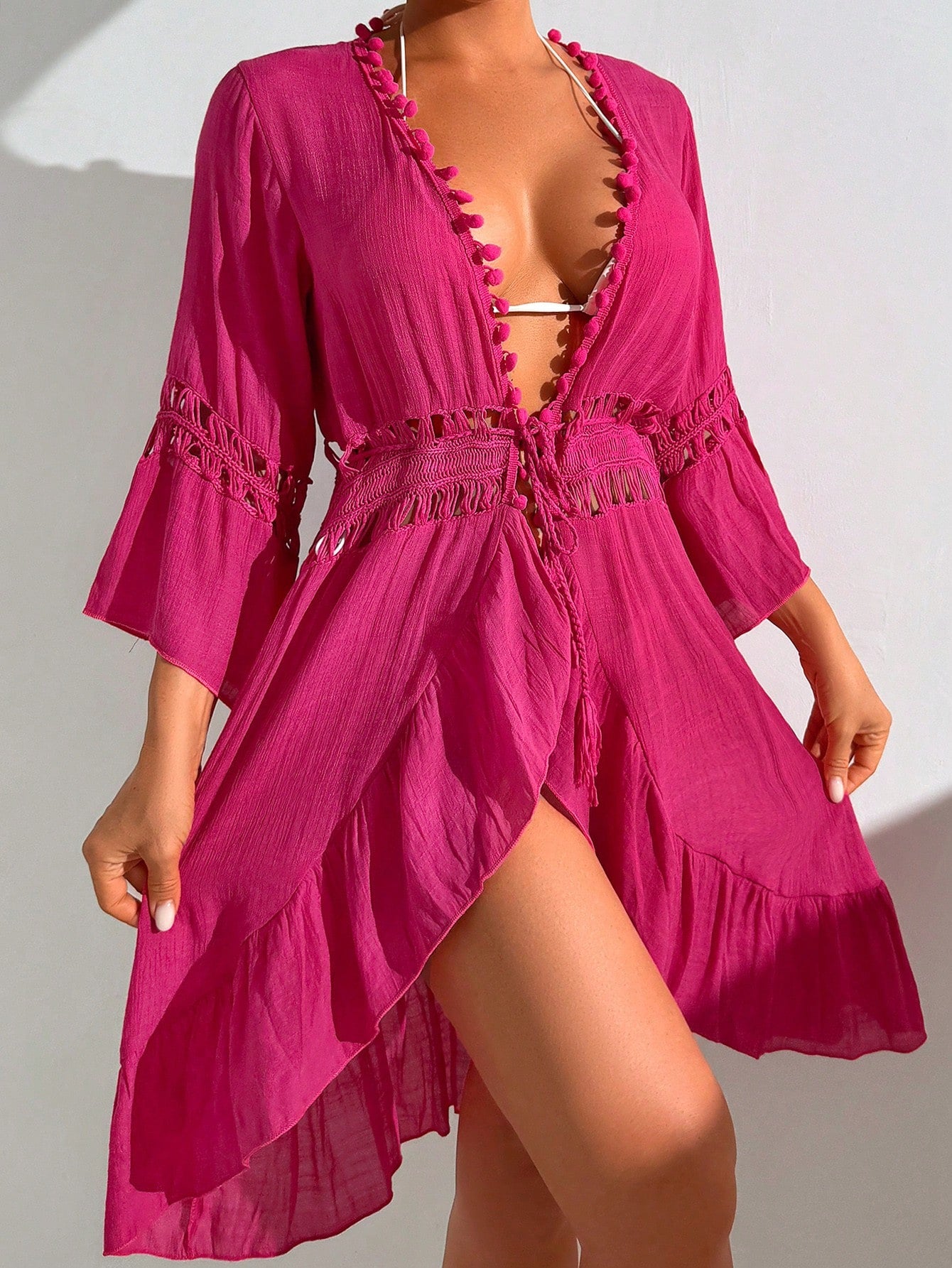 Long-Sleeve Cover-Up With Lace And Flowing Ruffle