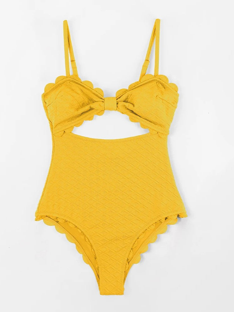 Textured Swimsuit With Cutout And Bow Detail