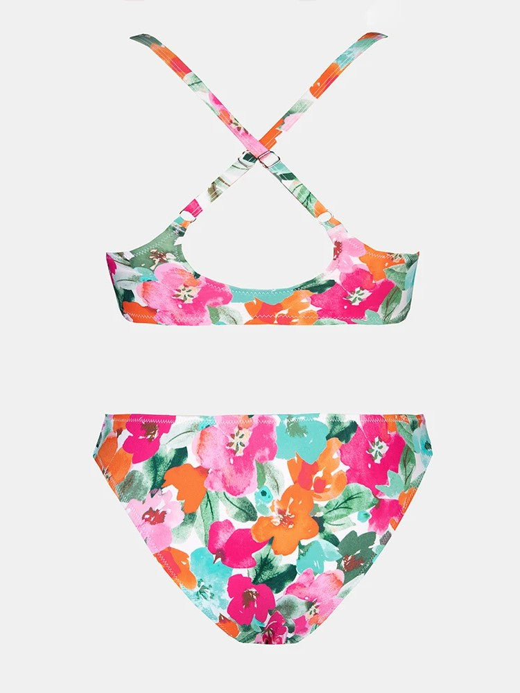 Printed Bikini With Central Bow And Adjustable Straps