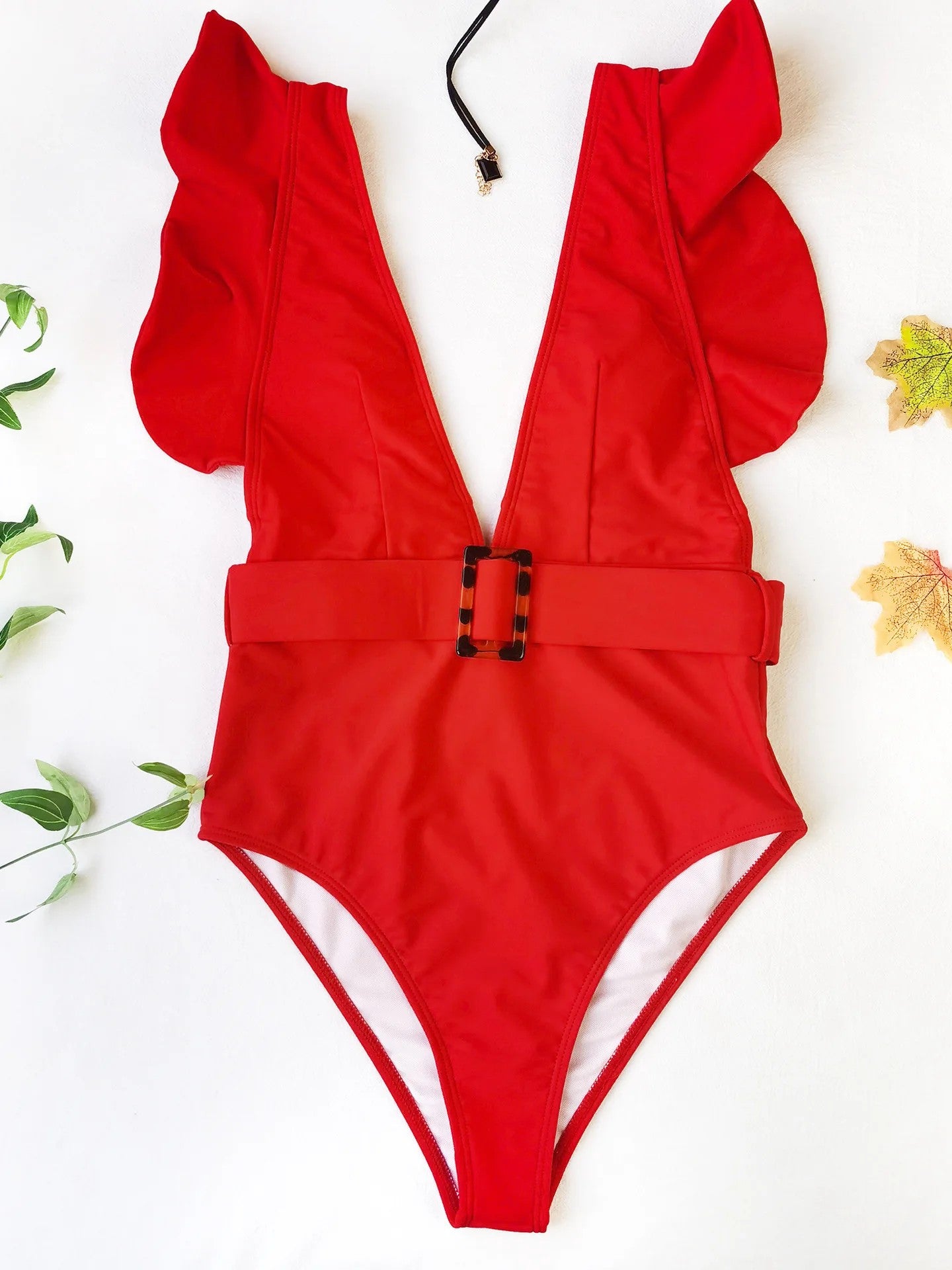 High-Cut Swimsuit With Ruffles V-Neckline And Front Buckle
