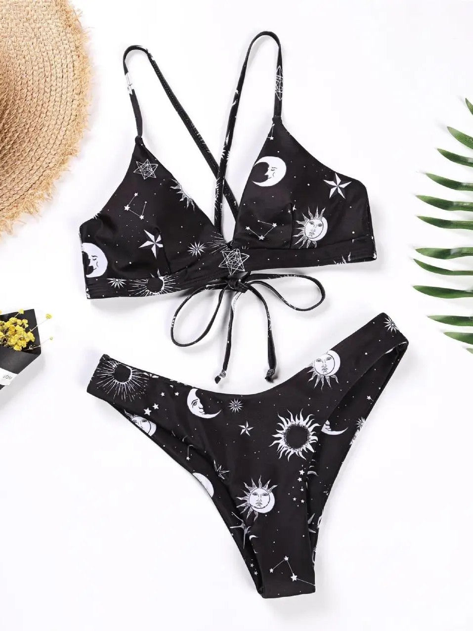 Bikini Set With Crossed Tie Top And Solid Bottom
