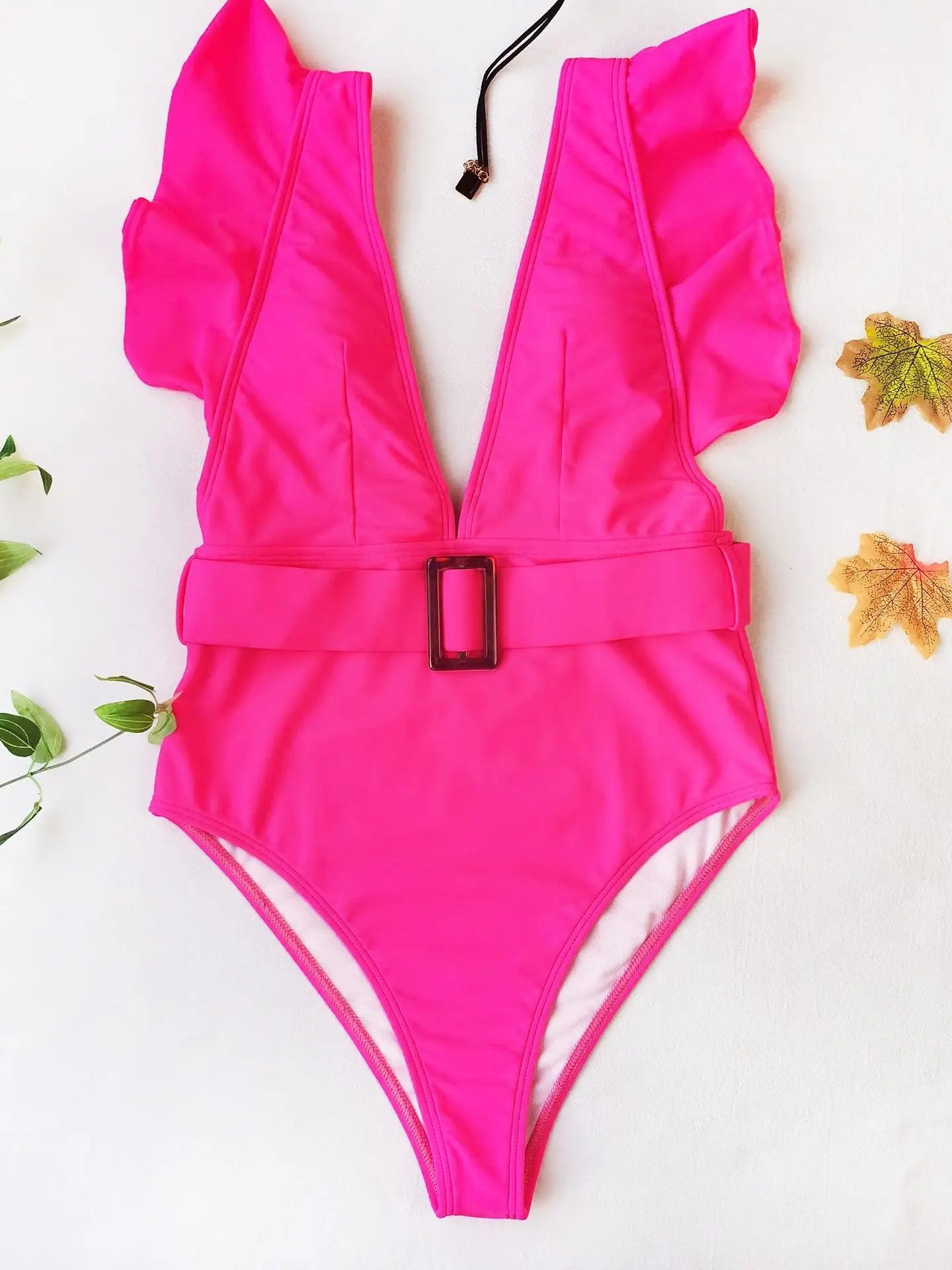 High-Cut Swimsuit With Ruffles V-Neckline And Front Buckle
