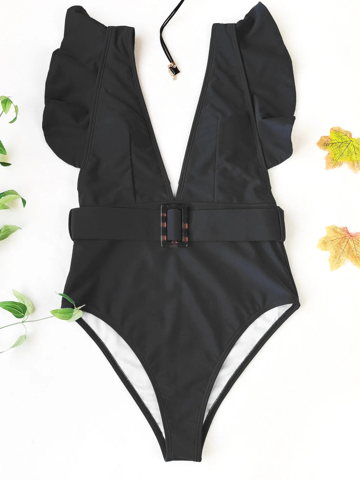 High-Cut Swimsuit With Ruffles V-Neckline And Front Buckle