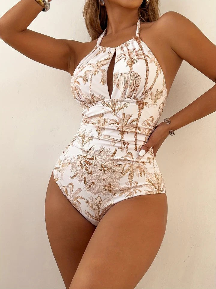 Printed Swimsuit With Halter Neckline And Ruched Detail