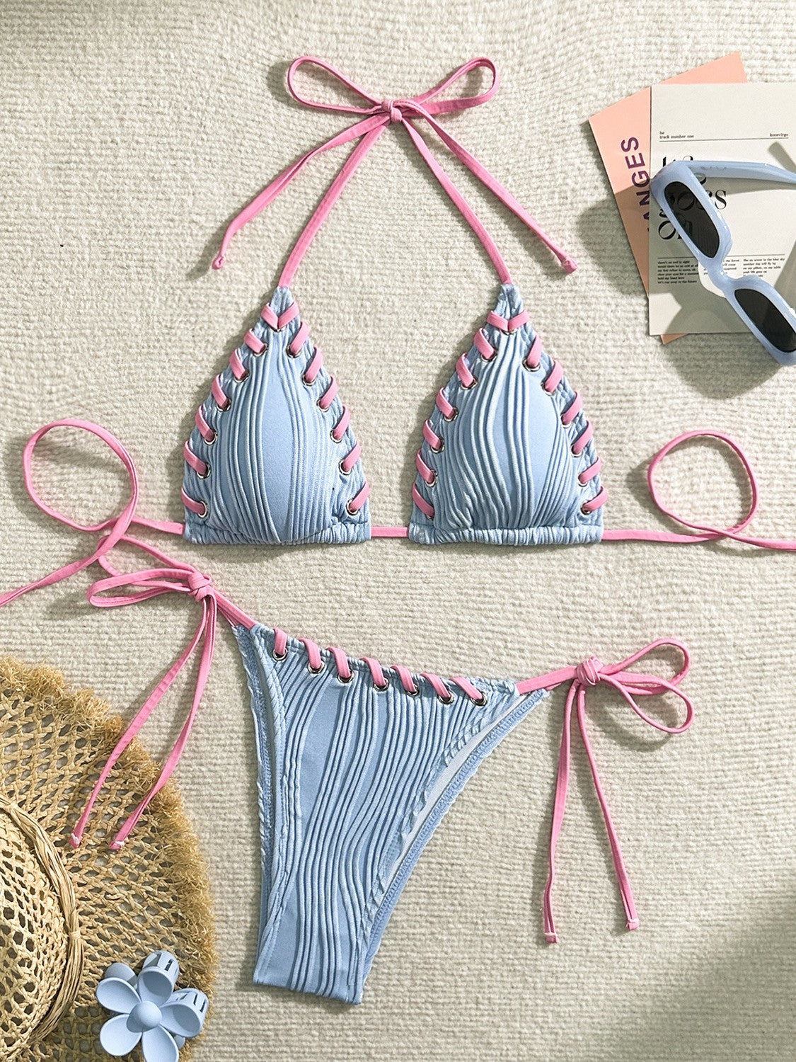 Textured Triangle Bikini With Contrasting Tie
