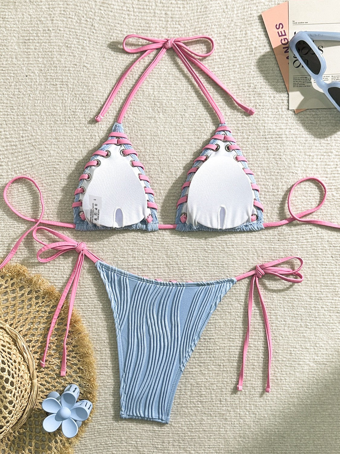 Textured Triangle Bikini With Contrasting Tie