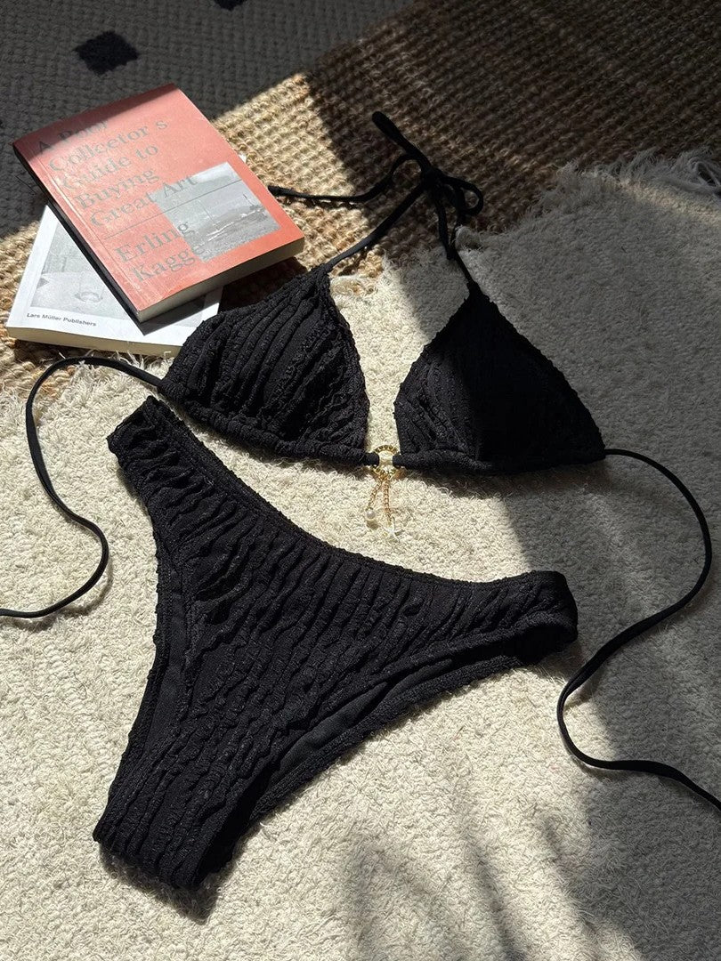 High-Waisted Textured Bikini With Charming Pendant