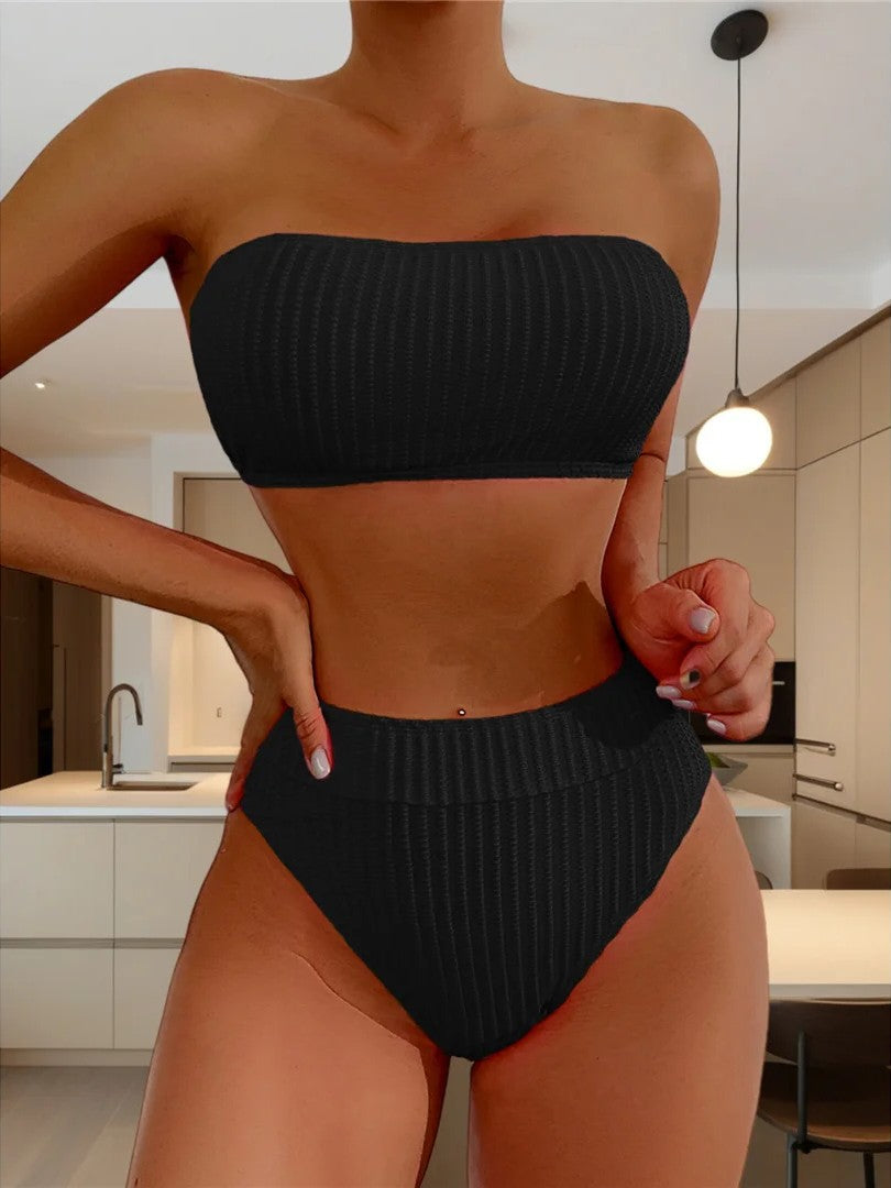 High-Waisted Textured Strapless Bikini