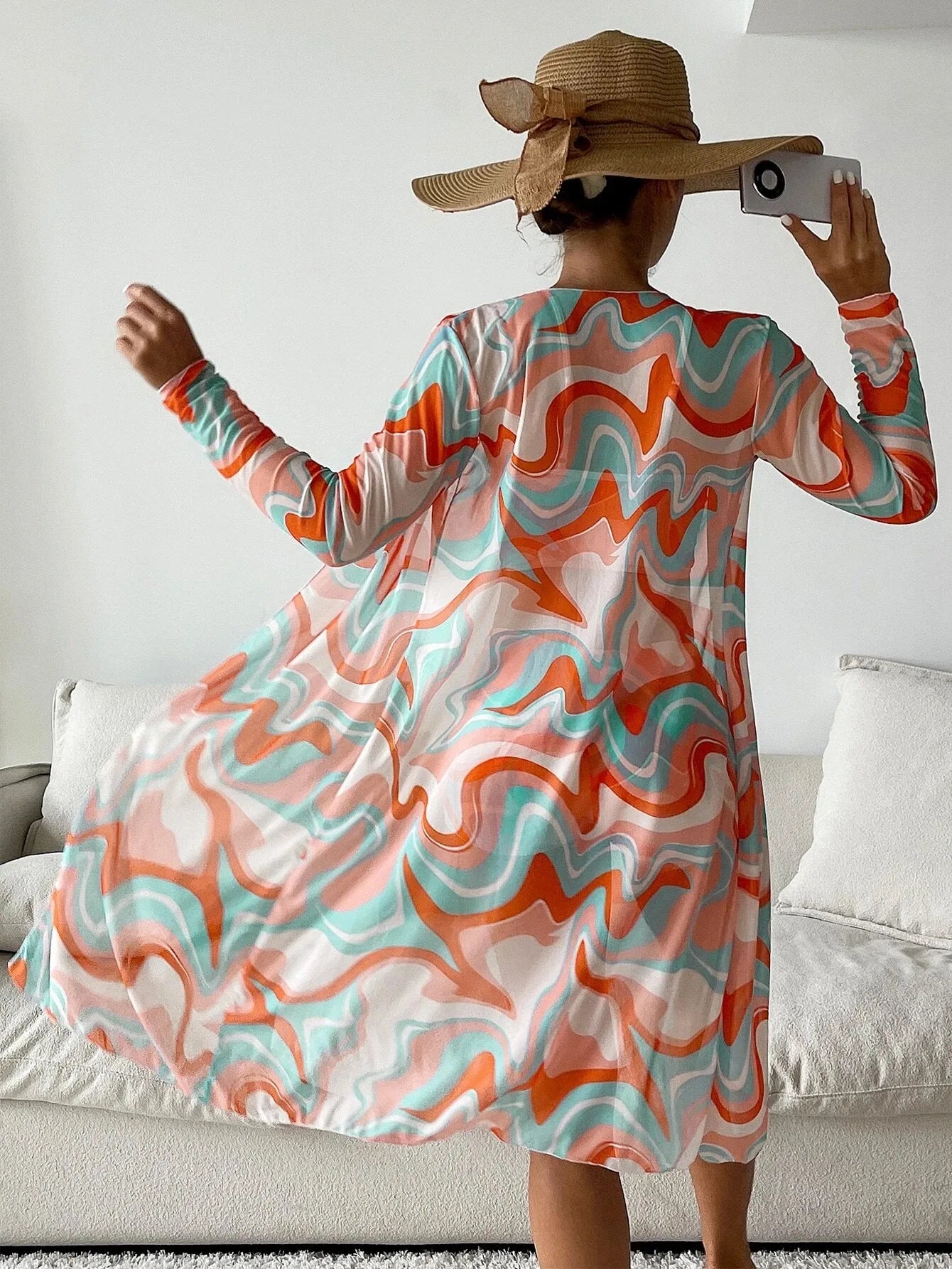 Bikini Set With Shorts And Printed Psychedelic Cover-Up