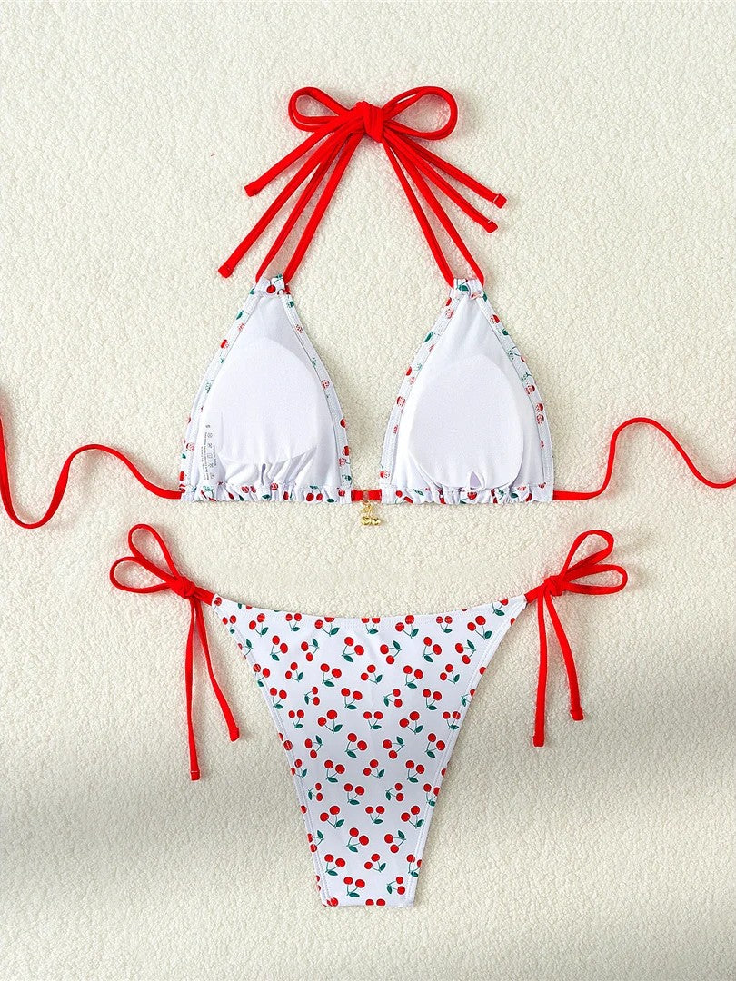 Printed Triangle Bikini With Tie And Pendant