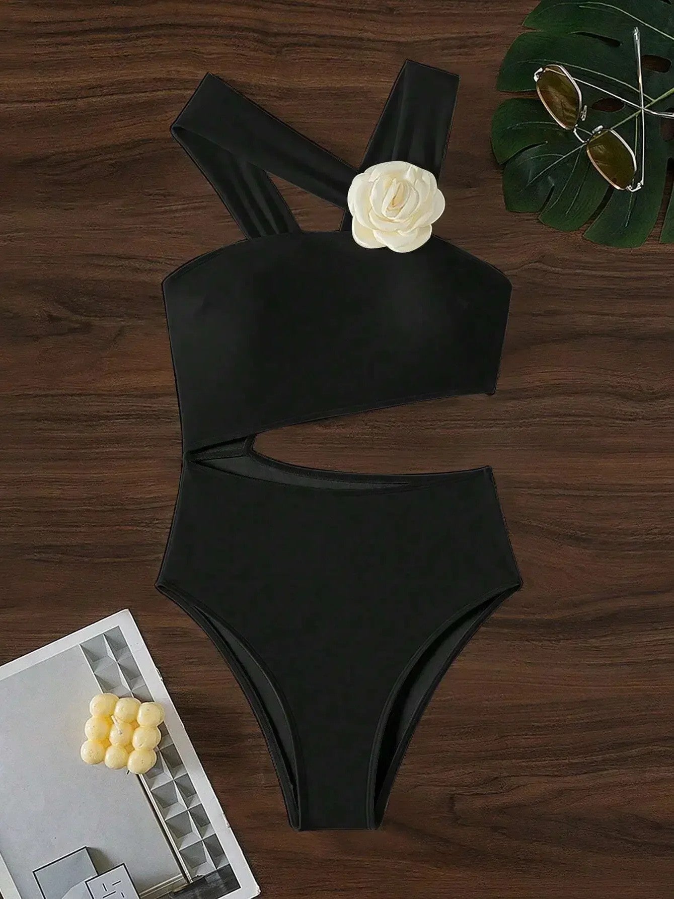 Asymmetrical Swimsuit With Flower Appliqué And Side Cutout
