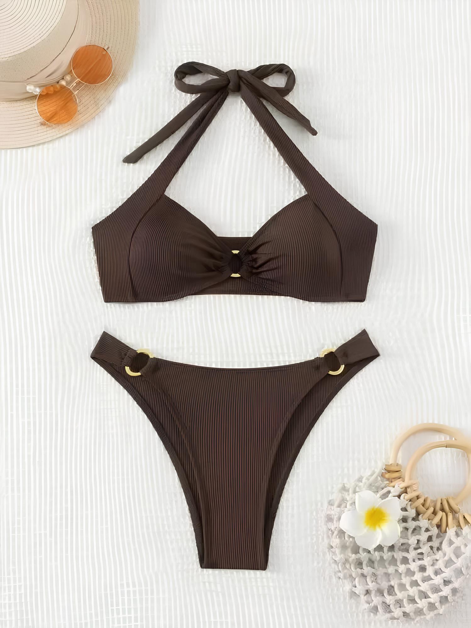 Textured Bikini With Rings And Halter Neckline
