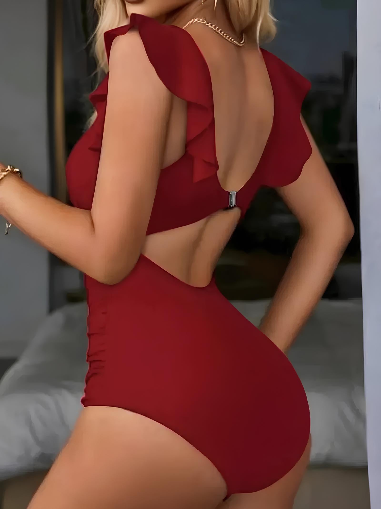 Swimsuit With Ruffles, Front Cutout, And Twisted Neckline