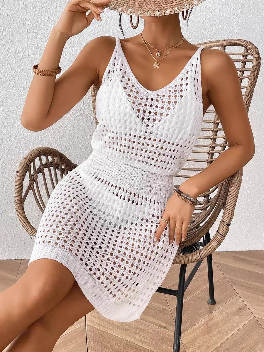 Short Knit Cover-Up With Thin Straps And Cutouts
