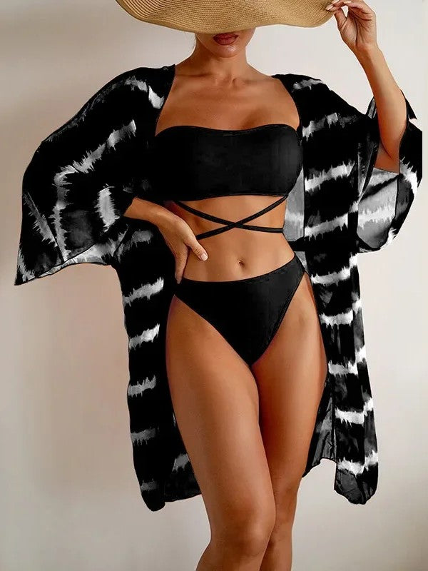 Strapless Bikini And Printed Cover-Up Set