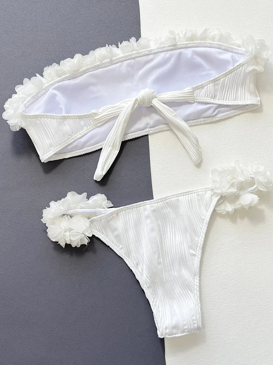 Strapless Textured Bikini With Appliqué Flowers
