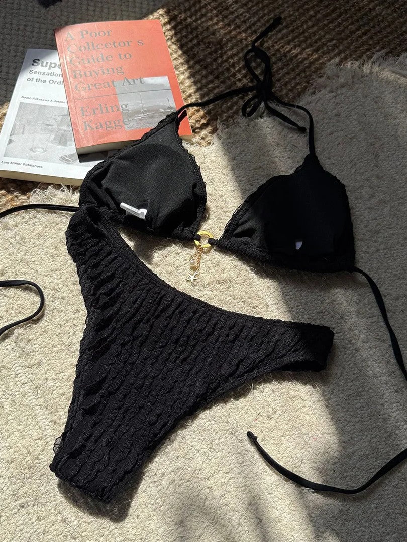 High-Waisted Textured Bikini With Charming Pendant