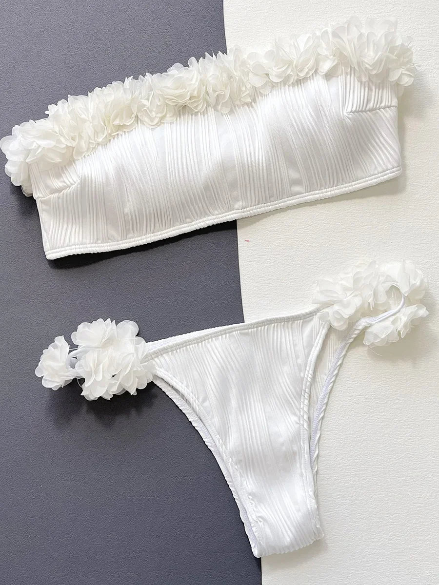 Strapless Textured Bikini With Appliqué Flowers