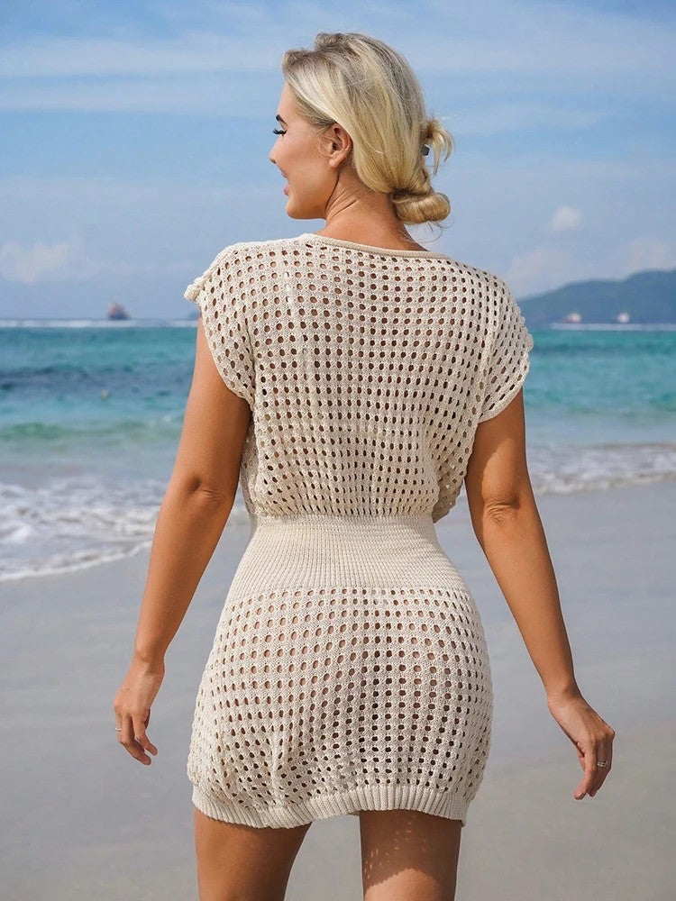 Short Open-Knit Cover-Up With Defined Waist