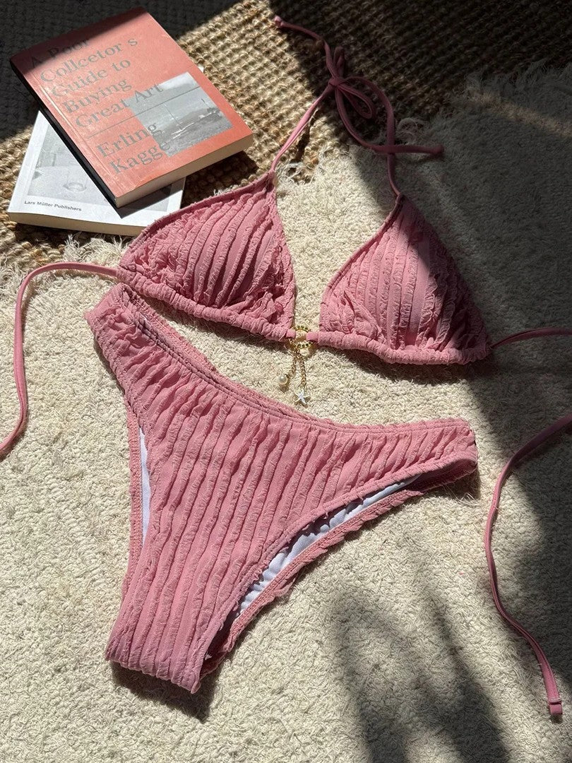 High-Waisted Textured Bikini With Charming Pendant
