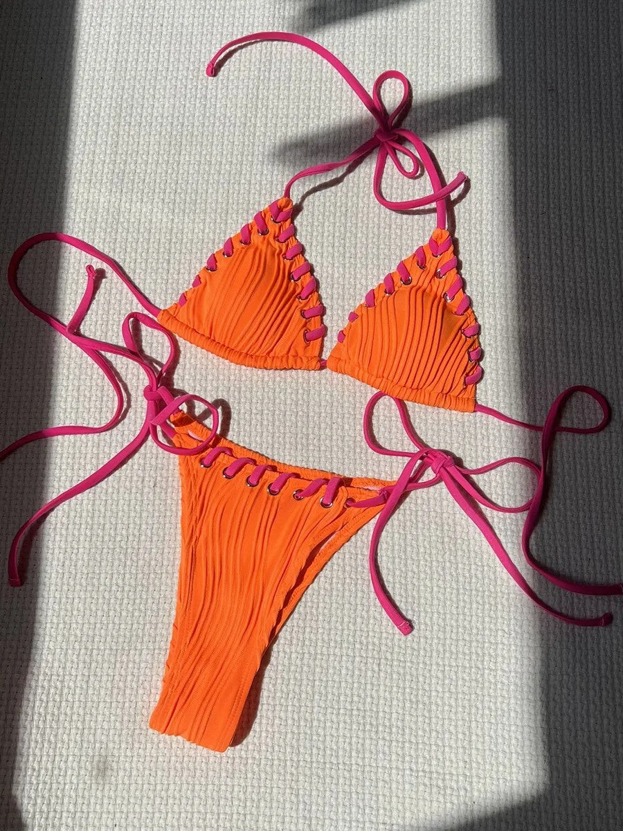Textured Triangle Bikini With Contrasting Tie