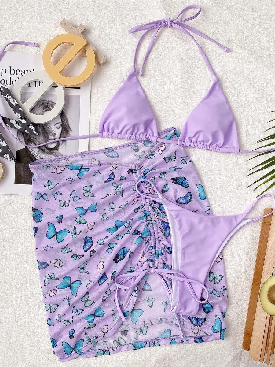 Triangle Bikini And Printed Draped Skirt Set