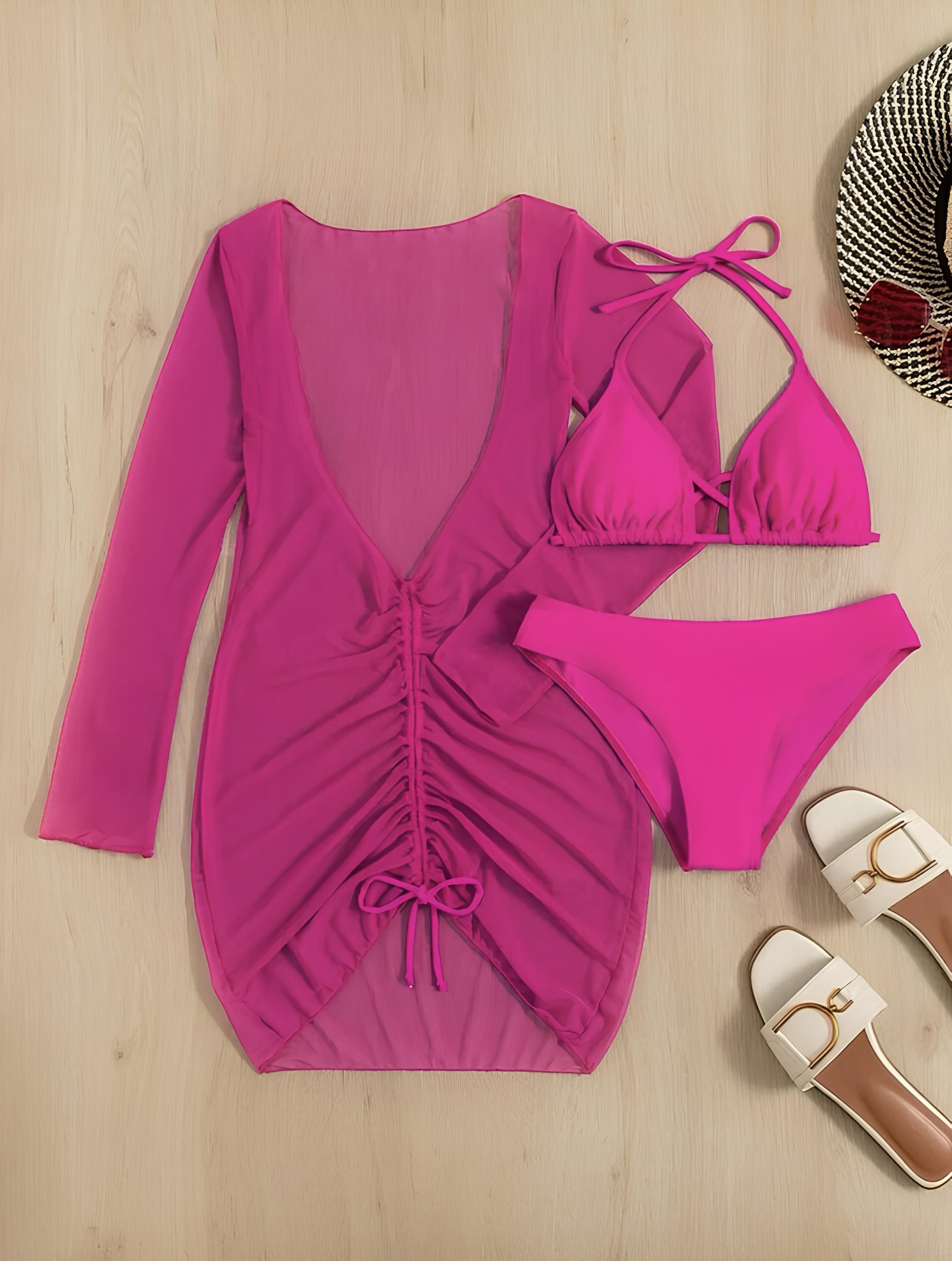Bikini And Long-Sleeve Cover-Up Set With Draping