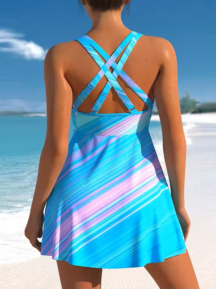 Printed Tankini With Skirt And Front Tie