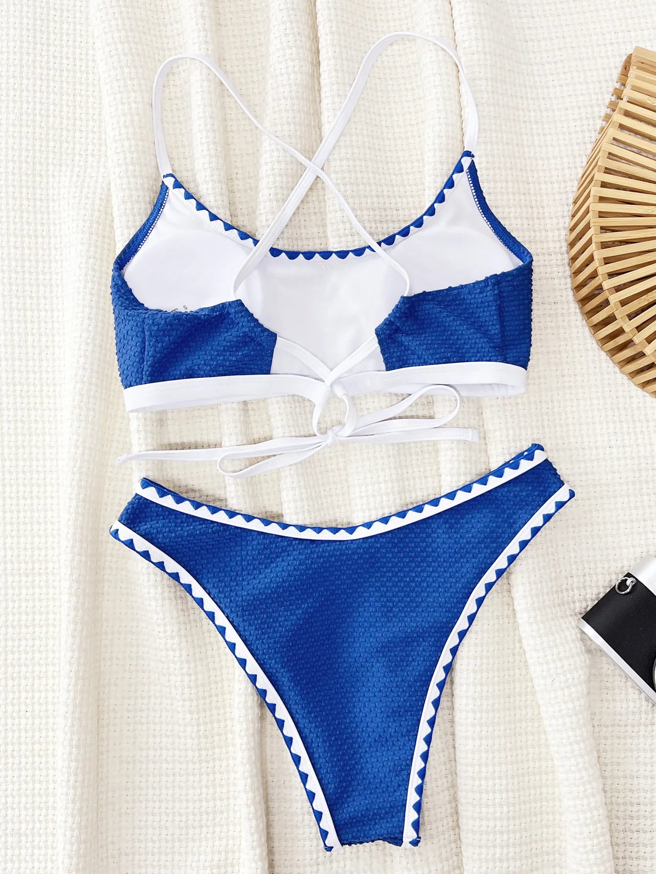 High-Waisted Textured Bikini With Contrasting Trim