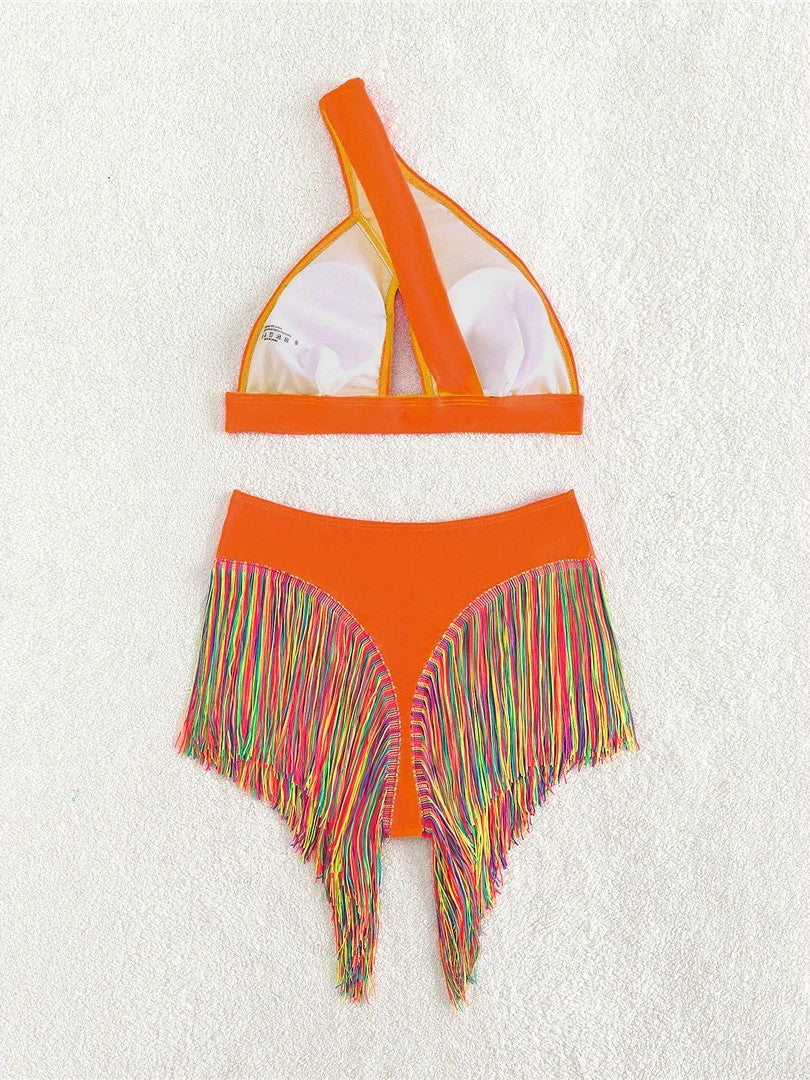 High-Waisted Bikini With Fringe And One-Shoulder Top