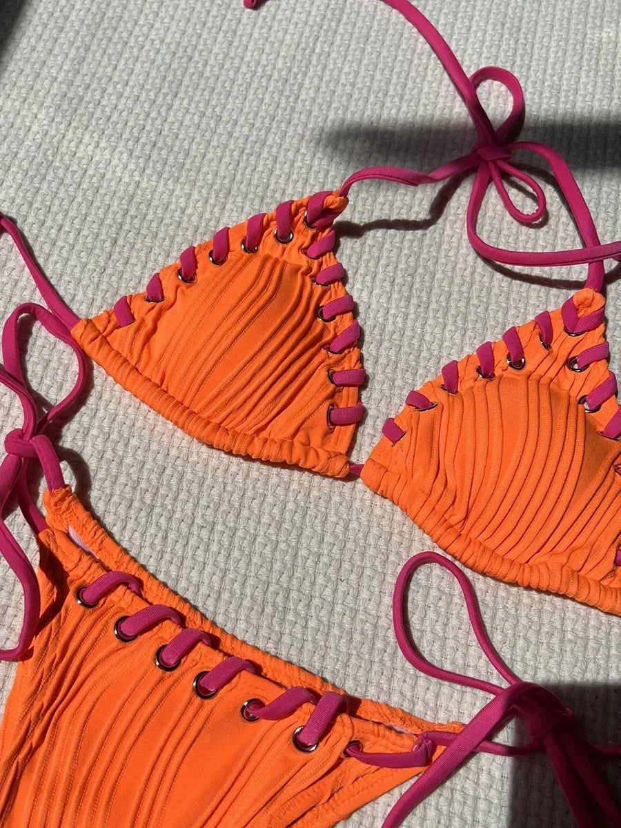 Textured Triangle Bikini With Contrasting Tie
