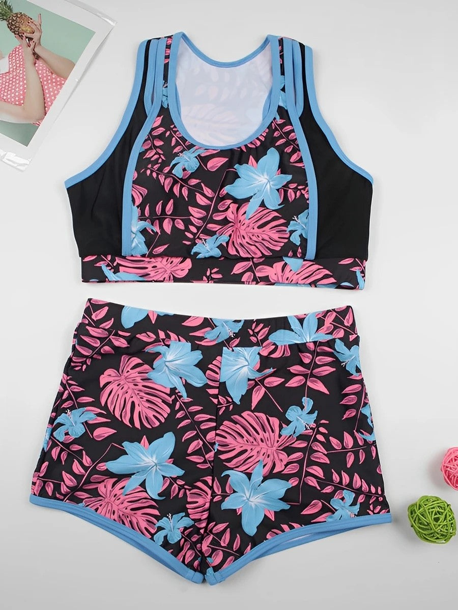 Printed Shorts Bikini With Cropped Top And Contrasting Detail