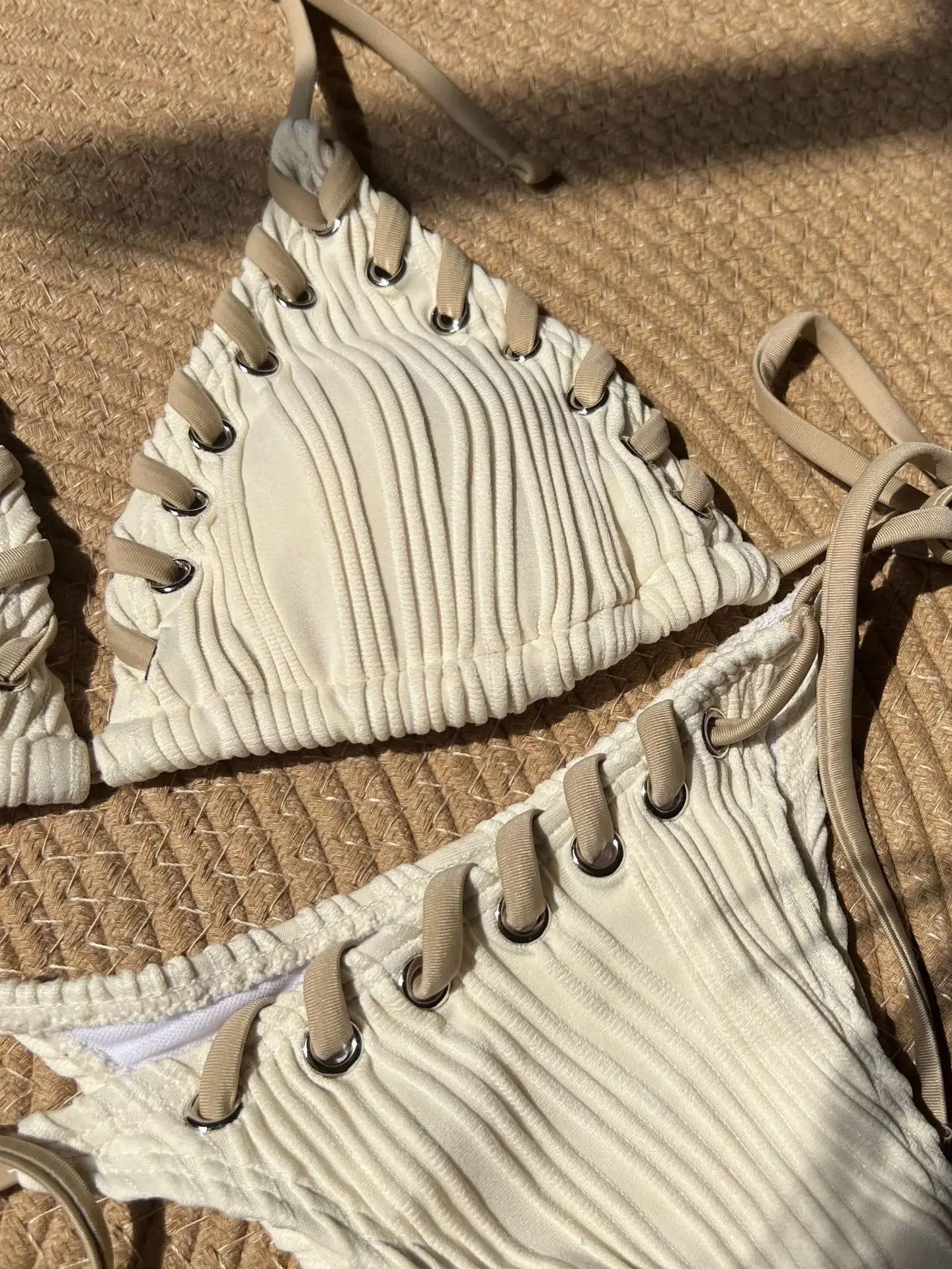 Textured Triangle Bikini With Contrasting Tie